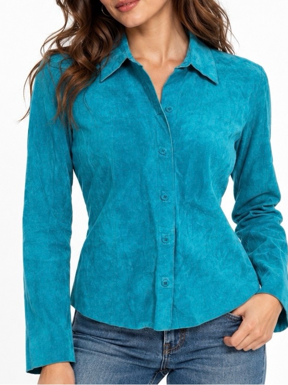 Express Genuine Leather Turquoise Suede Button Up Shirt Jacket Y2K Size 9/10